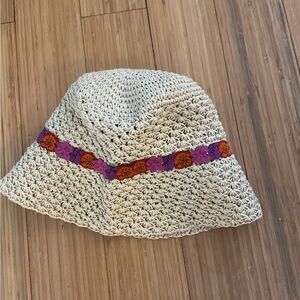 Hat attack New York vintage straw, bucket, hat, kids, one size floral accent.